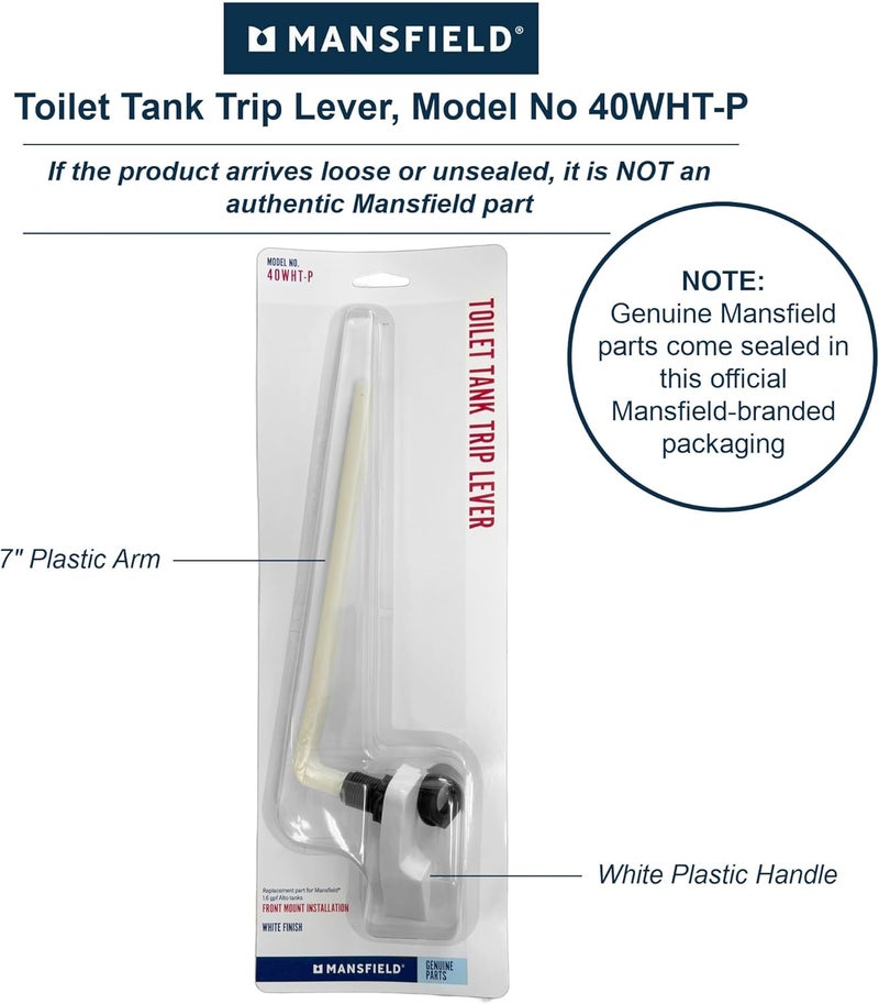 Mansfield 40 Left-Hand Front Mount Toilet Tank Lever - Compact 7-Inch ABS Arm - Fits Models 11, 21, 26, 160, 161, 165, 170, 171, 175, 180, 190 – White Plastic Handle - Image 1