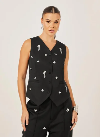 Styli Embellished V Neck Asymmetric Hem Waistcoat