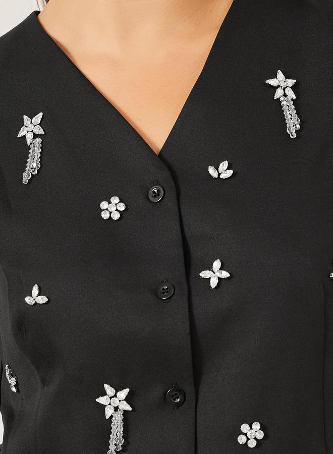 Styli Embellished V Neck Asymmetric Hem Waistcoat  - Image 3
