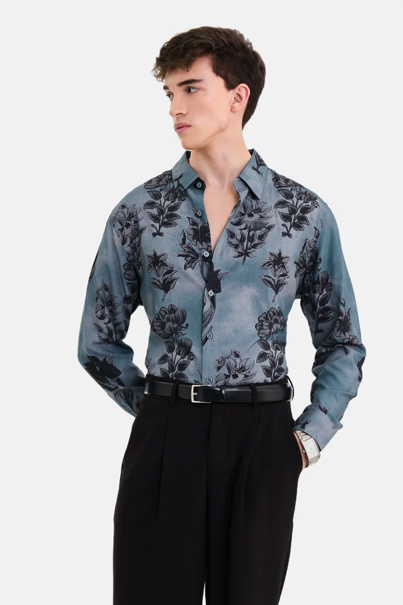 SNITCH Teal Floral Long Sleeve Regular Fit Casual Shirt