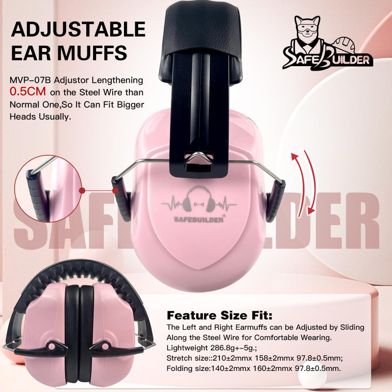 SAFEBUILDER Safety Ear Muffs 33dB Noise Reduction Earmuffs For Girls Sound Proof For Sleeping Working Shooting Industrial (1, 1-Pink) - Image 4