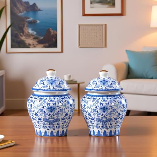 ZPGXLRZ 2 Pcs Chinoiserie Blue and White Porcelain Mini Ceramic Ginger Jars with Lid Ancient Chinese,Oriental Style,Decorative and Storage Jars - Image 2