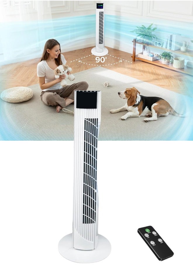 Tower Fan with Remote 90° Oscillation Bladeless Standing Fan 27ft/s High-Speed 34dB Quiet Floor Fan Pedestal Fans with 3 Speeds 3 Modes 12H Timer Temperature LED Display (White)
