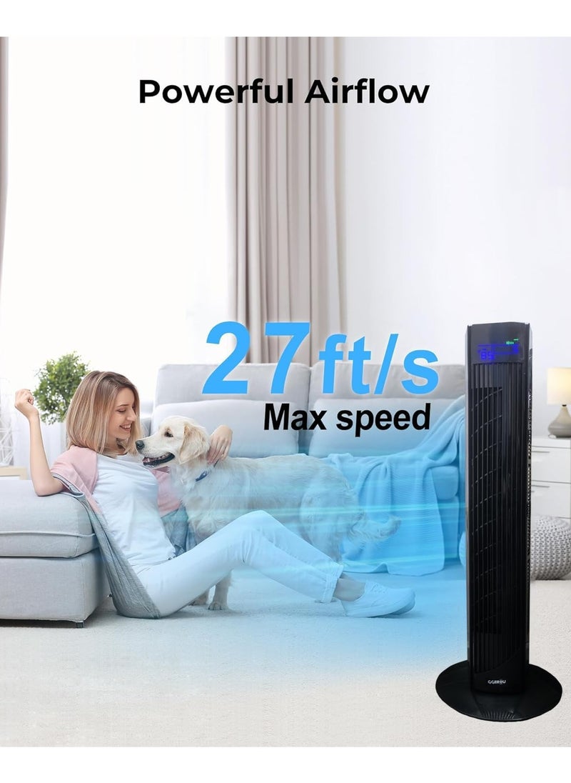 Tower Fan with Remote 90° Oscillation Bladeless Standing Fan 27ft/s High-Speed 34dB Quiet Floor Fan Pedestal Fans with 3 Speeds 3 Modes 12H Timer Temperature LED Display (White)