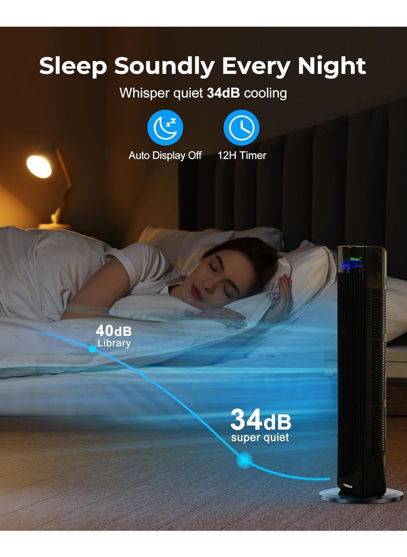 Tower Fan with Remote 90° Oscillation Bladeless Standing Fan 27ft/s High-Speed 34dB Quiet Floor Fan Pedestal Fans with 3 Speeds 3 Modes 12H Timer Temperature LED Display (White)