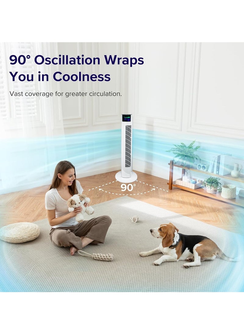 Tower Fan with Remote 90° Oscillation Bladeless Standing Fan 27ft/s High-Speed 34dB Quiet Floor Fan Pedestal Fans with 3 Speeds 3 Modes 12H Timer Temperature LED Display (White)