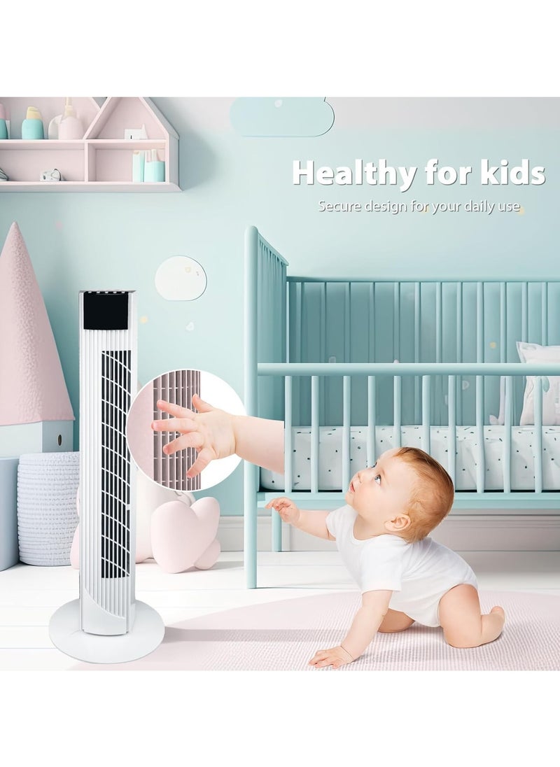 Tower Fan with Remote 90° Oscillation Bladeless Standing Fan 27ft/s High-Speed 34dB Quiet Floor Fan Pedestal Fans with 3 Speeds 3 Modes 12H Timer Temperature LED Display (White)