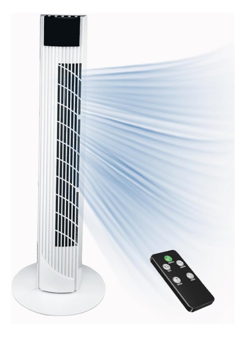 Tower Fan with Remote 90° Oscillation Bladeless Standing Fan 27ft/s High-Speed 34dB Quiet Floor Fan Pedestal Fans with 3 Speeds 3 Modes 12H Timer Temperature LED Display (White)