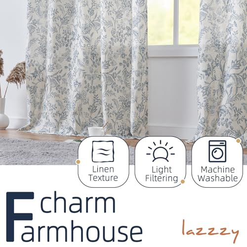 Lazzzy Linen Curtains Farmhouse Blue Floral Print Curtains 63 Inches Long Back Tab Drapes for Living Room Bedroom Semi Sheer Patterned Country Vintage Curtains 2 Panels Set Rod Pocket Blue on Beige - Image 5