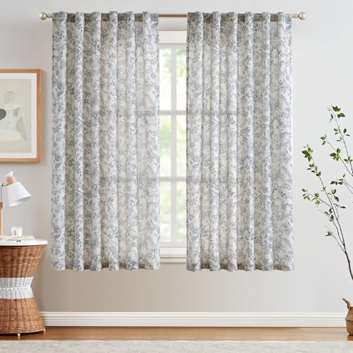 Lazzzy Linen Curtains Farmhouse Blue Floral Print Curtains 63 Inches Long Back Tab Drapes for Living Room Bedroom Semi Sheer Patterned Country Vintage Curtains 2 Panels Set Rod Pocket Blue on Beige - Image 2