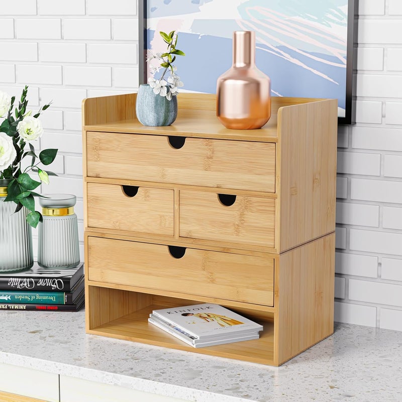 Wisuce Bamboo Desk Drawer Organizer, 2 Drawer Desktop Organizer with Drawers Tabletop Storage Organization Box for Office Home Toiletries Supplies Vanity, No Assembly Required - Image 4