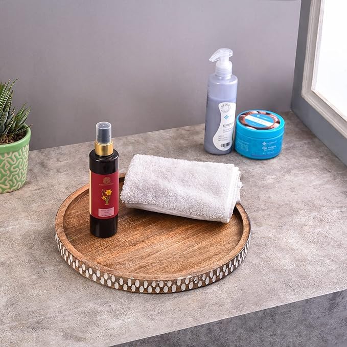 SYSI HOME Wooden Tray for Serving | Dining Table Organizer | Decorative Tray for Home Decor | Tea Coffee Serving Tray 11 inch (Round) (Brown) - Image 1