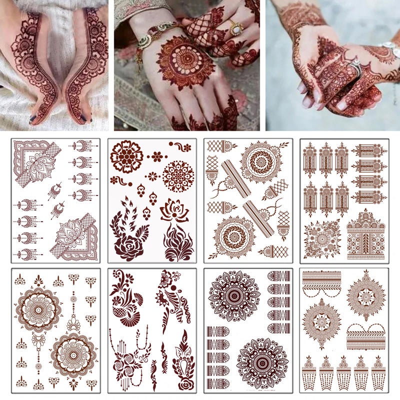 RUSTAMM 8 Sheets Red Brown Temporary Tattoo Stickers Fake Tattoo Lace Floral Temporary Waterproof Body Art Long Lasting Stickers for Women Festivals Wedding Masquerade Party Decorations Design