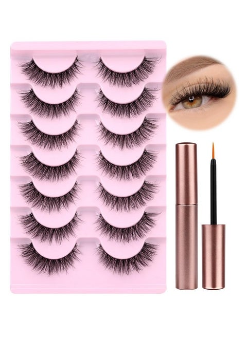 Natural Wispy Fluffy Lashes With Glue Cat Eyes Mink Lashes Clear Band Eyelashes With Glue Kit Russian Strip Lashes Natural Look False Eyelashes Extension Strip Lashes D Curly 7 Pairs Pack