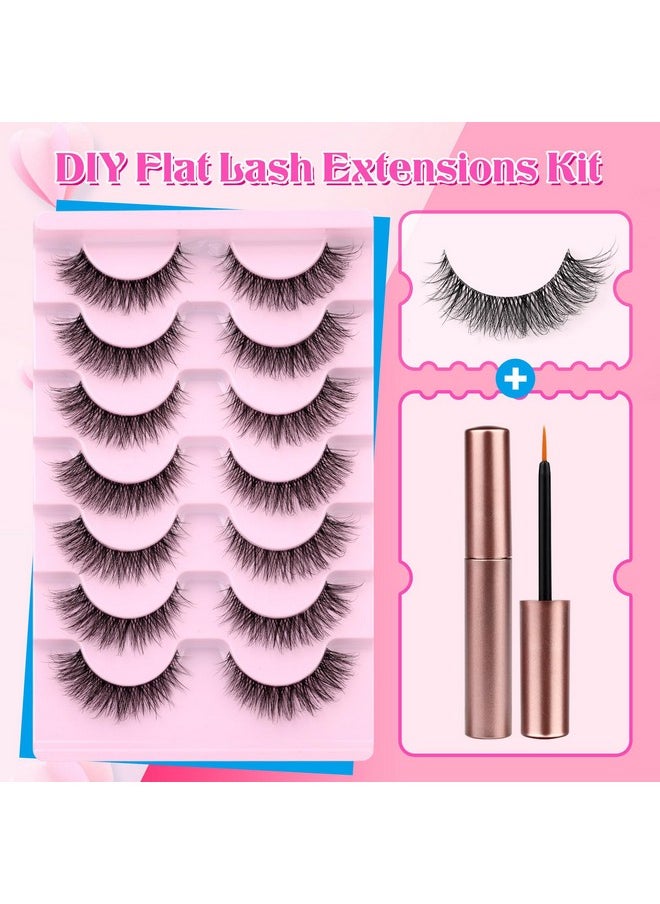 wiwoseo - Natural Wispy Fluffy Lashes With Glue Cat Eyes Mink Lashes Clear Band Eyelashes With Glue Kit Russian Strip Lashes Natural Look False Eyelashes Extension Strip Lashes D Curly 7 Pairs Pack - Image 1