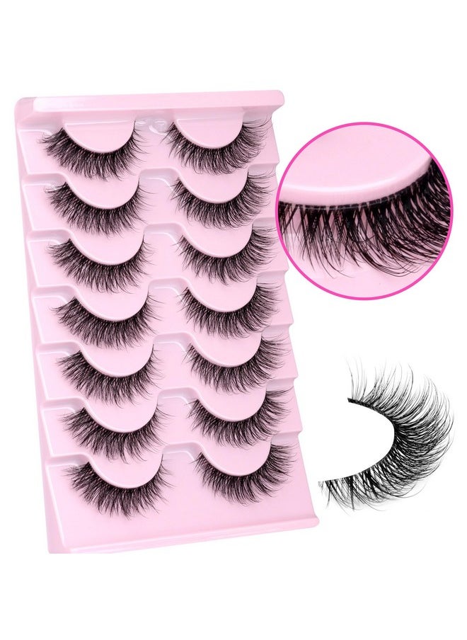 wiwoseo - Natural Wispy Fluffy Lashes With Glue Cat Eyes Mink Lashes Clear Band Eyelashes With Glue Kit Russian Strip Lashes Natural Look False Eyelashes Extension Strip Lashes D Curly 7 Pairs Pack - Image 1