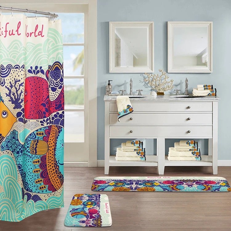 Bluejw Cute 3 Piece Non Slip Bath Mat Rug With Waterproof Shower Curtain Set for Bathroom - Image 1