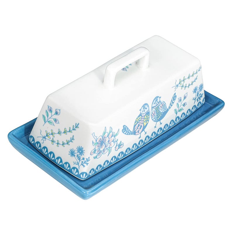 Sizikato Porcelain Butter Dish with Lid Blue Flower and Bird Pattern75 Inch