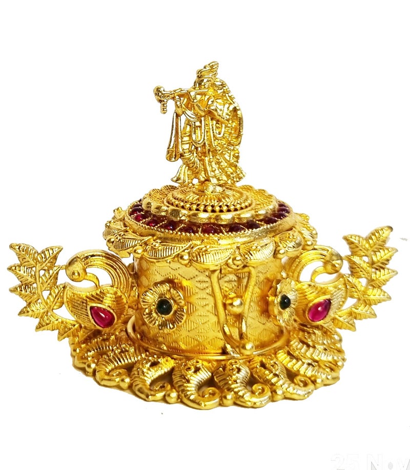 ADZOY Premium Handcrafted Radhe Krishna on top with Peacock Dancing (Set of 2) for Wedding | Haldi | Sindoor | Kumkum | Chandan | Dabbi Handmade Pure Brass Material Box - Image 3