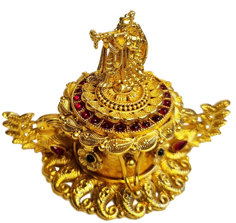 ADZOY Premium Handcrafted Radhe Krishna on top with Peacock Dancing (Set of 2) for Wedding | Haldi | Sindoor | Kumkum | Chandan | Dabbi Handmade Pure Brass Material Box - Image 2