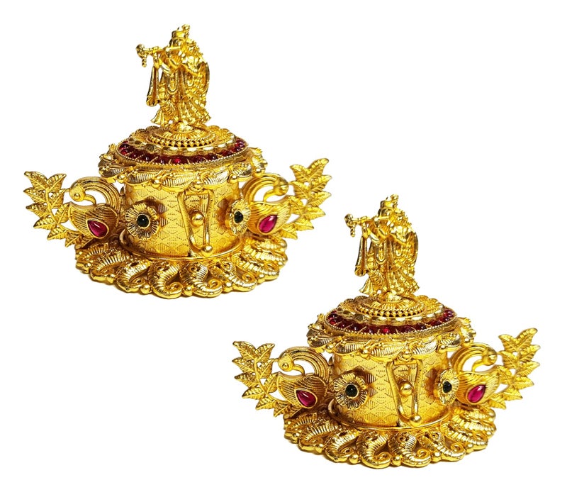 ADZOY Premium Handcrafted Radhe Krishna on top with Peacock Dancing (Set of 2) for Wedding | Haldi | Sindoor | Kumkum | Chandan | Dabbi Handmade Pure Brass Material Box - Image 1