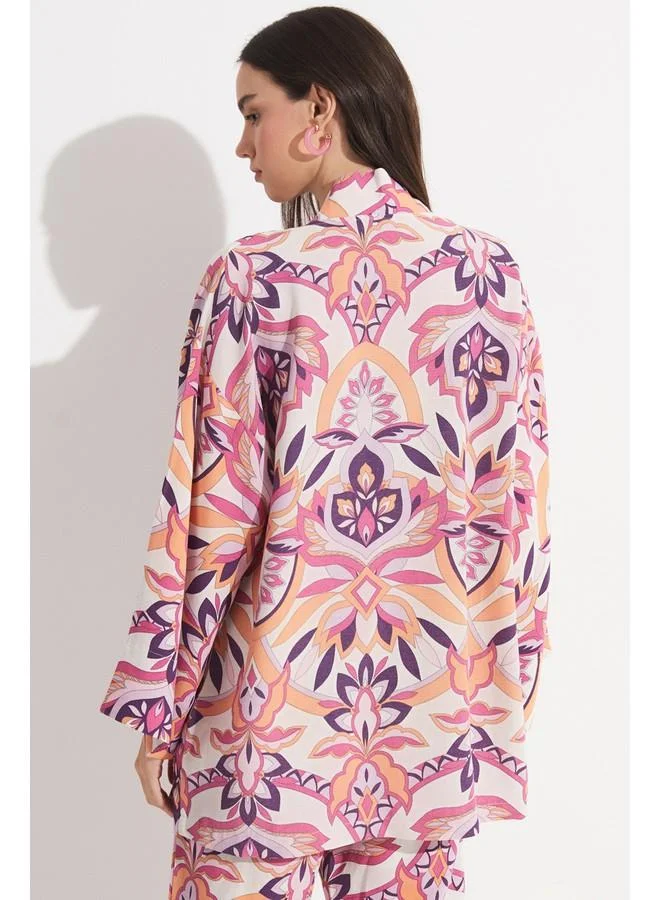جون June Women Exclusive Floral Patterned Linen Blend Woven Kimono&Kaftan Fuchsia