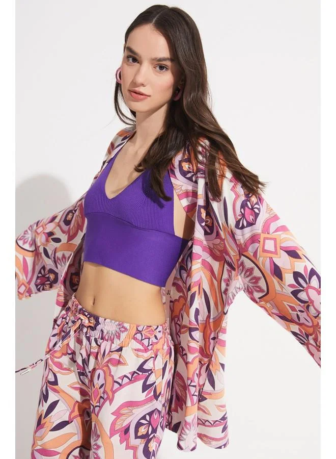 جون June Women Exclusive Floral Patterned Linen Blend Woven Kimono&Kaftan Fuchsia