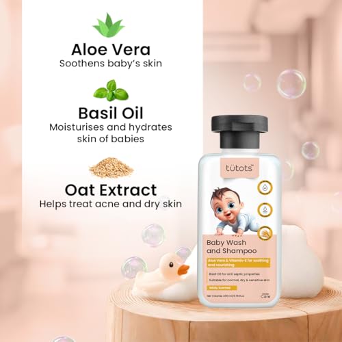 tütots Baby Body Wash and Shampoo 200ml - Head to Toe Baby Wash for Bath with Aloe Vera, Vitamin E, Basil Oil - Mildly Scented - Image 2