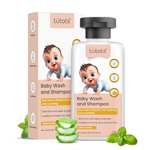 tütots Baby Body Wash and Shampoo 200ml - Head to Toe Baby Wash for Bath with Aloe Vera, Vitamin E, Basil Oil - Mildly Scented - Image 1