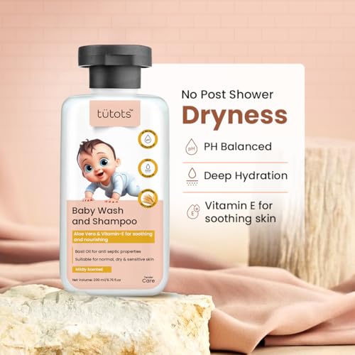 tütots Baby Body Wash and Shampoo 200ml - Head to Toe Baby Wash for Bath with Aloe Vera, Vitamin E, Basil Oil - Mildly Scented - Image 5