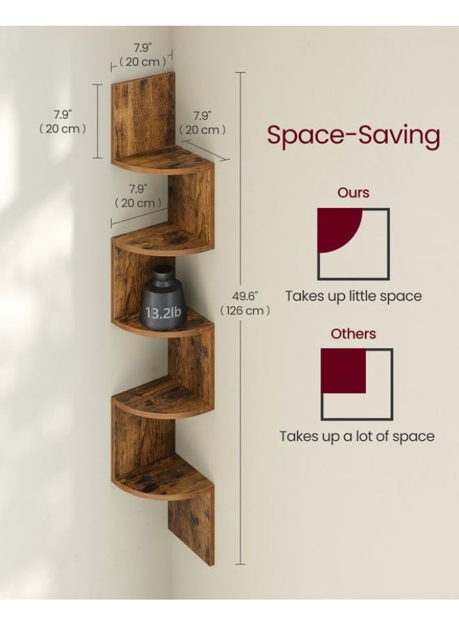 VASAGLE 5-Tier Corner Shelf, Wall Shelf, Display Floating Shelf in Living Room, Study, Kitchen, Bedroom, for Plants, CDs, Decorations, Modern, Rustic Brown - Image 3