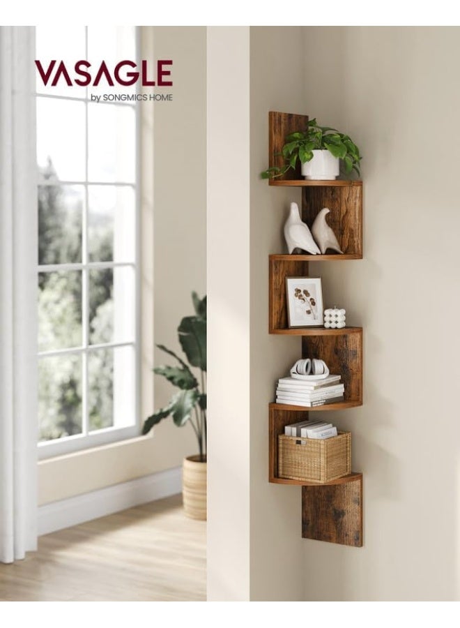 VASAGLE 5-Tier Corner Shelf, Wall Shelf, Display Floating Shelf in Living Room, Study, Kitchen, Bedroom, for Plants, CDs, Decorations, Modern, Rustic Brown - Image 2