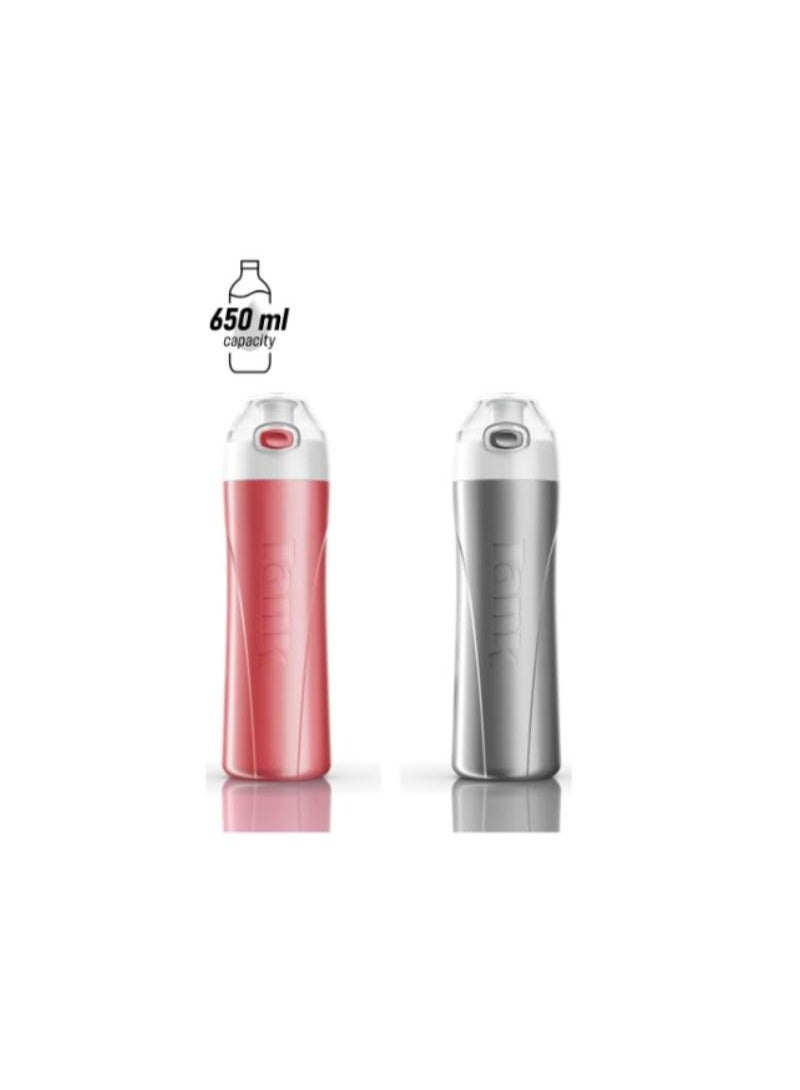 TANK 2-Piece Plastic Water Bottle Set Pink/Silver 650ml - Image 1