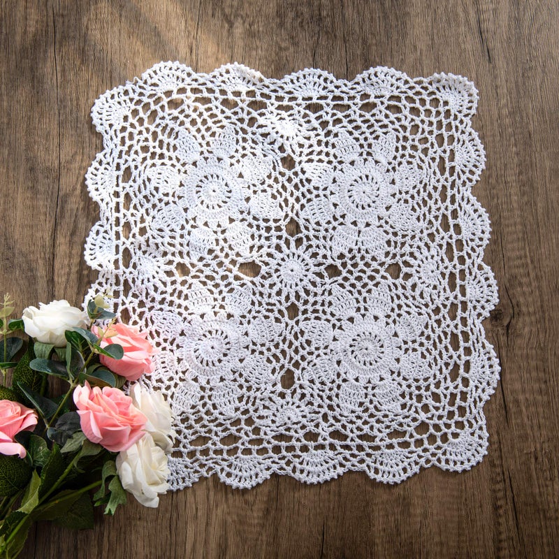 Eiyye 1-Pieces Crochet Placemats Table Doilies Square Handmade Cotton Lace Thread Cloth 14x14 Inch (White) - Image 1