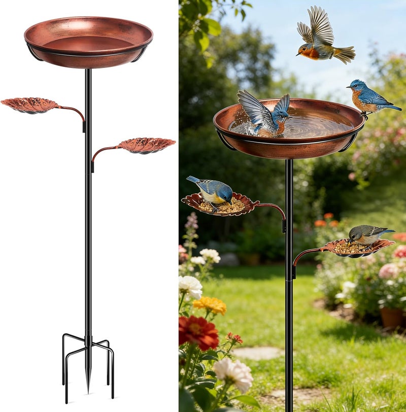 DRQ 35'' Metal Bird Bath for Outside, 12'' Dia × 2'' Deep Birdbath Bowl, Bird Feeder with 6.5'' 5-Pronged Base for Garden Decor, Patio, Yard, Lawn – Vintage Brown - Image 1