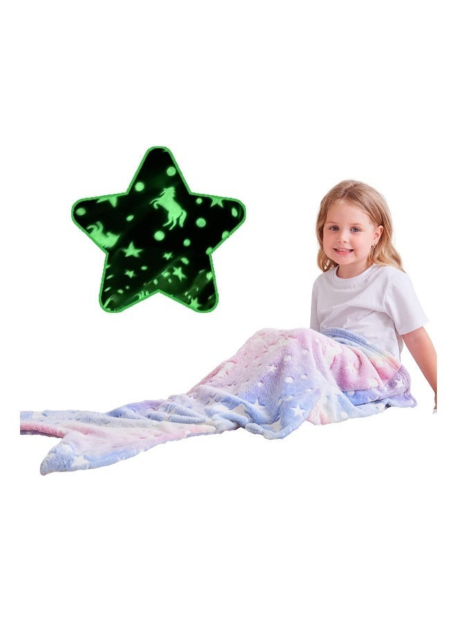 Mermaid Tail Blanket, Glow in The Dark, Super Soft Plush Flannel Sleeping Bag, Star and Unicorn Design Snuggle Blanket, for Girls Age 1-10