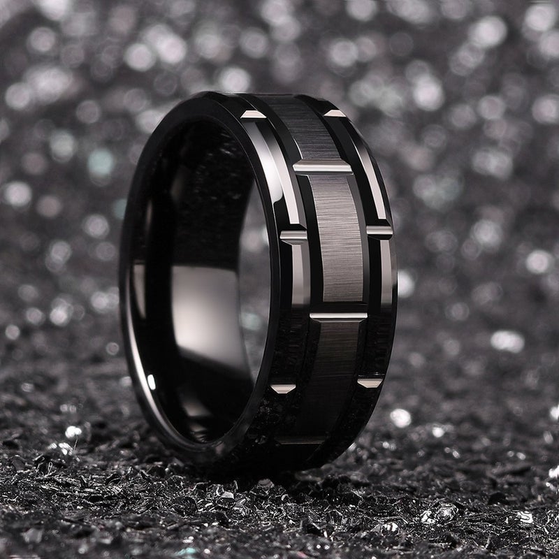 King Will CLASSIC Mens 8mm Black Tungsten Carbide Wedding Band Brick Pattern Brushed Finish Brick Tungsten Ring 14.5 - Image 3