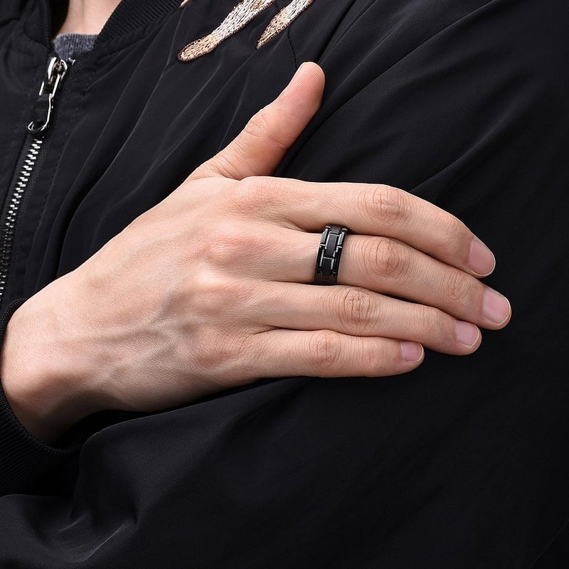 King Will CLASSIC Mens 8mm Black Tungsten Carbide Wedding Band Brick Pattern Brushed Finish Brick Tungsten Ring 14.5 - Image 4