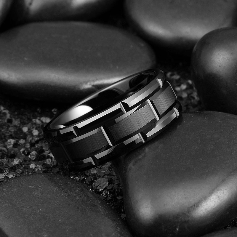King Will CLASSIC Mens 8mm Black Tungsten Carbide Wedding Band Brick Pattern Brushed Finish Brick Tungsten Ring 14.5 - Image 2