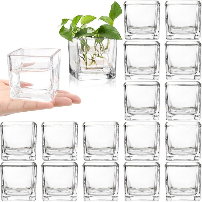 SET OF 18 SMALL SQUARE GLASS VASE 24 X 24 CLEAR CUBE VASE FOR WEDDING CENTERPIECES HOME PARTY DECORATION SQUARE GLASS VOTIVE CANDLE HOLDER