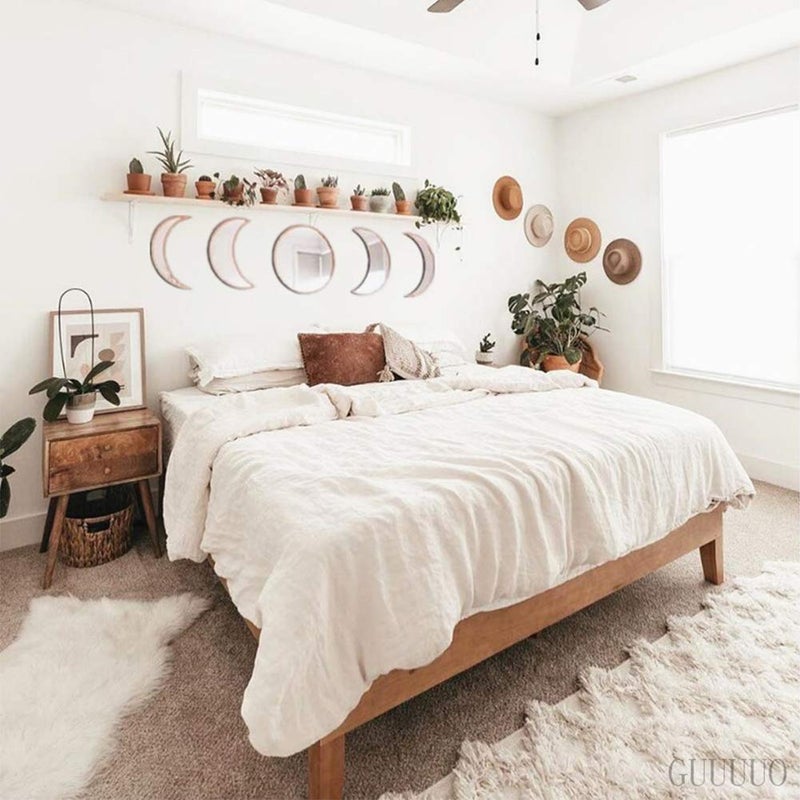 Keweis 5 Pieces Scandinavian Natural Decor Acrylic Wall Decorative Mirror Interior Design Wooden Moon Phase Mirror Bohemian Wall Decoration for Home Living Room Bedroom Decor - Acrylic Not Real Mirror(Beige) - Image 2