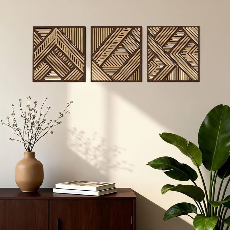 Tatuo Storage & transit friendly 3 Pcs Geometric Wood Wall Art, Modern Slatted Wood Design Wall Decor, Hanging Abstract Panels Wall Decor with 3D Hollow Craft Art for Home Office Kitchen Living Room Bathroom (Simple Geometry) Fixed & portable compatible - Image 1