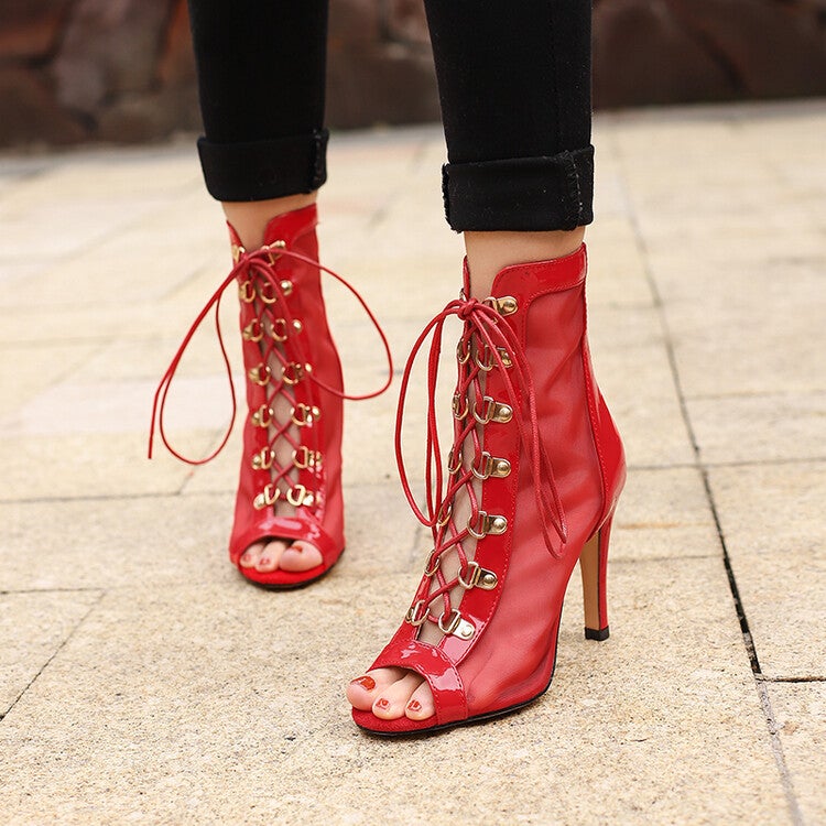 Lace-Up Short Boots Summer Cut Out Fish Mouth Sandals Large Size Stiletto High Heel Dance Shoes Women'S Open Toe Sandals - Image 3