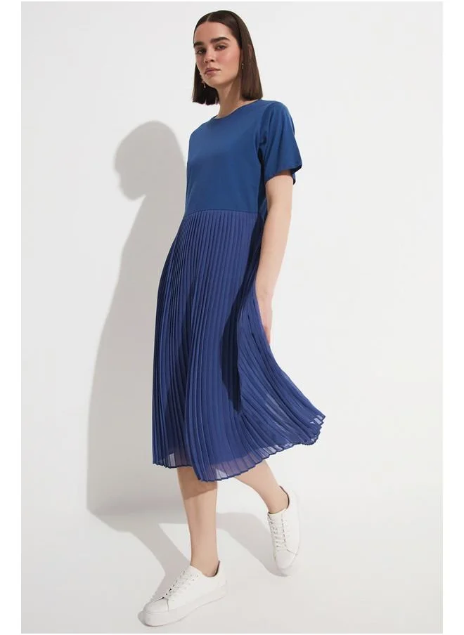 جون June Cotton Blend Pleated Dress Indigo