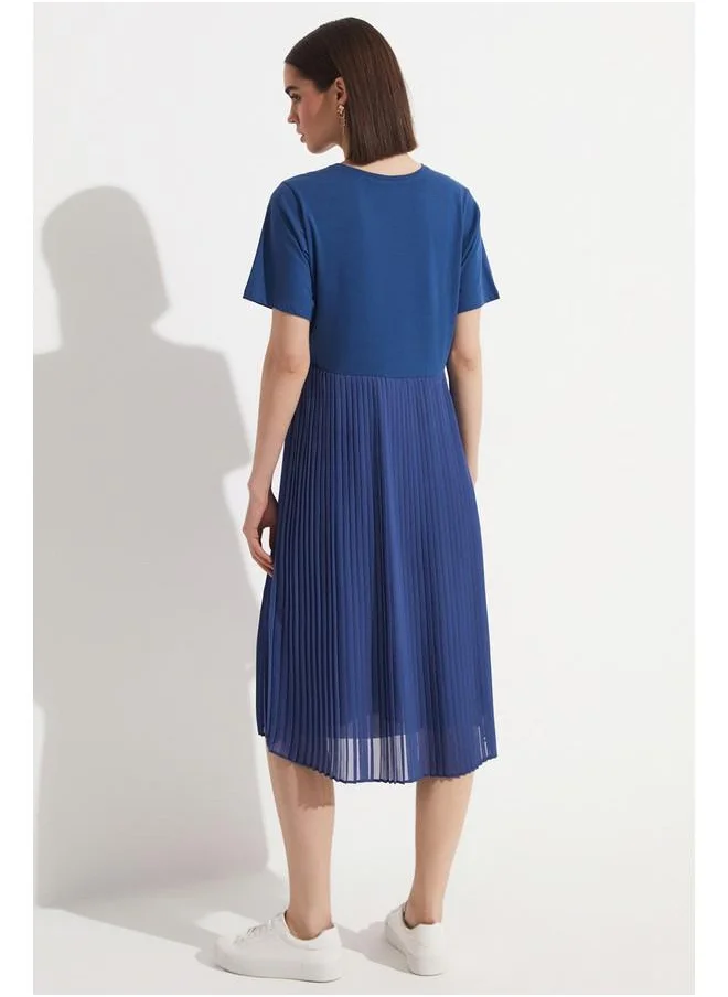 جون June Cotton Blend Pleated Dress Indigo