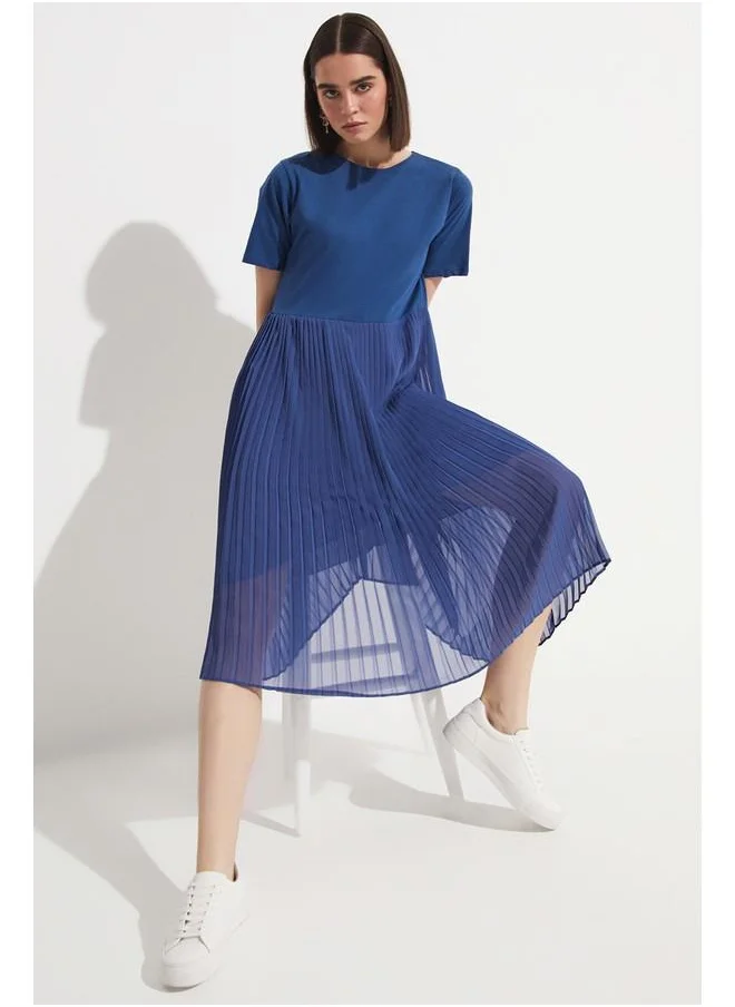 جون June Cotton Blend Pleated Dress Indigo