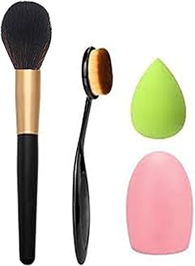 مجموعة فرش المكياج مكونة من قطعتين لبودرة الخدود وكريم الأساس وإسفنجة المكياج وفرشاة التنظيف