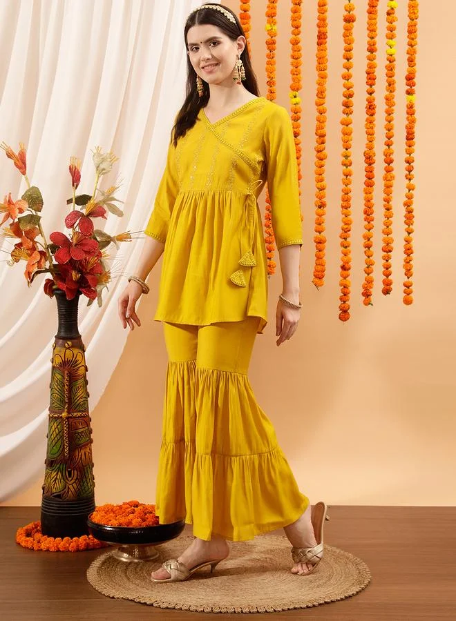STREET 9 Yellow Yoke Design Thread Work Sequined Angrakha Kurti and Sharara Set