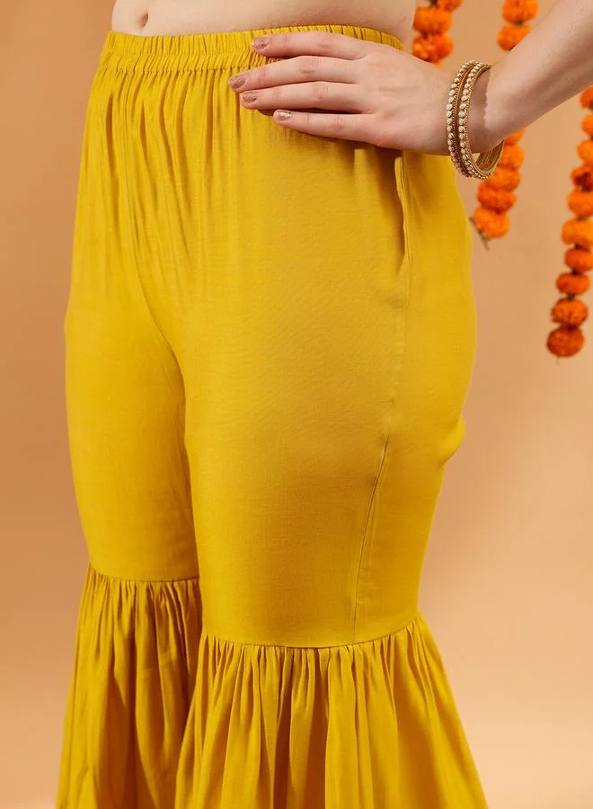 STREET 9  Yellow Yoke Design Thread Work Sequined Angrakha Kurti and Sharara Set for Women | Best Price UAE
