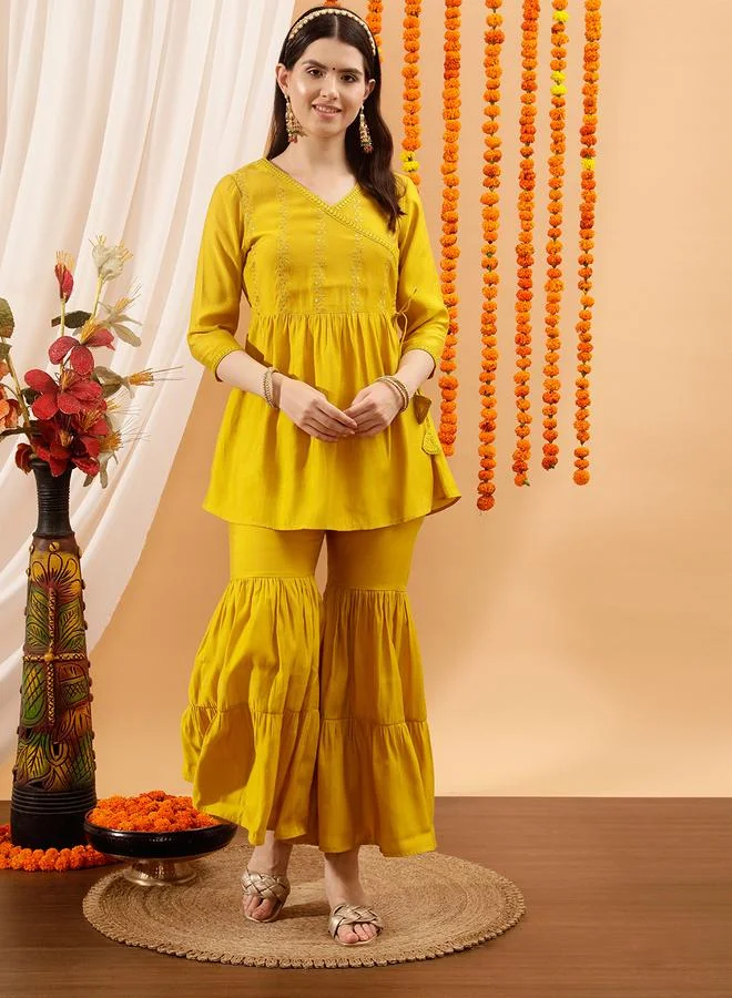 STREET 9 Yellow Yoke Design Thread Work Sequined Angrakha Kurti and Sharara Set